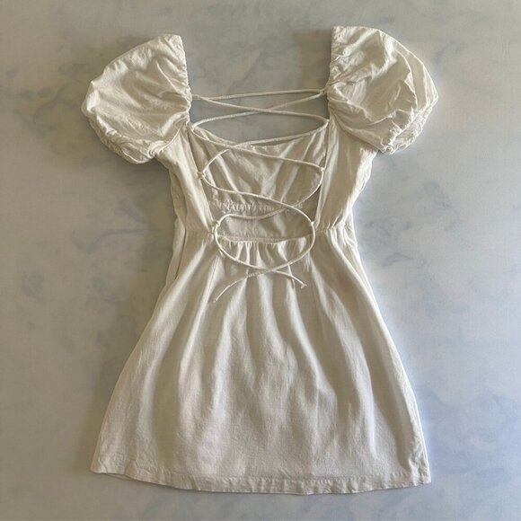 Louna Cotton Lace Up Milkmaid Style Cream Short Sleeve A-Line Mini Dress - Picture 2 of 8